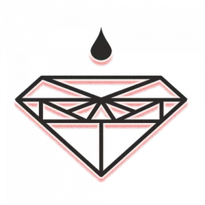 A geometric diamond shape with a single water droplet hovering directly above it.